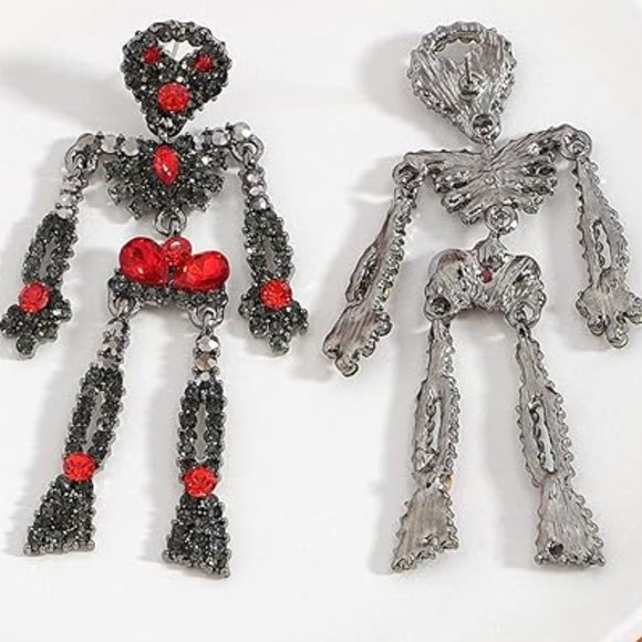Skeleton Black n Red Rhinestone Earrings Halloween Silver Skull CZ Skeletons New - Picture 3 of 3